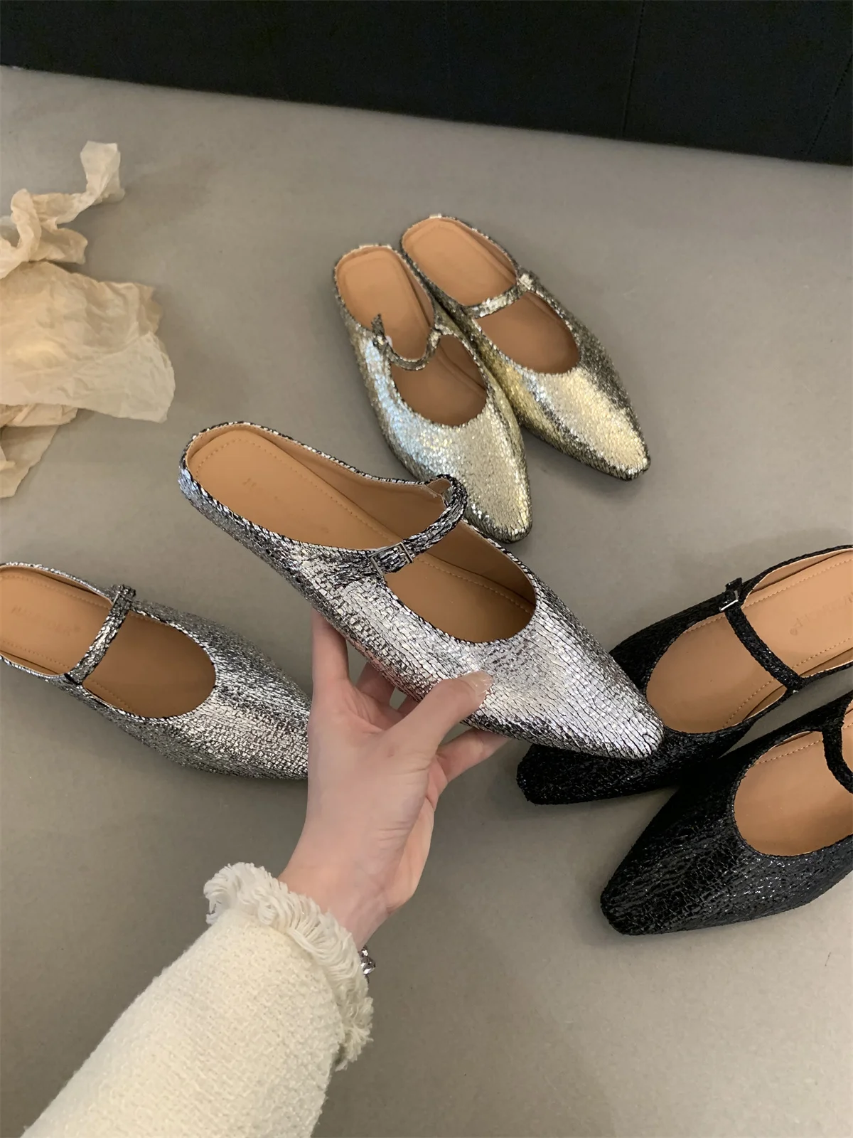 Four Season Women Mule Slip-on Comfortable Walking Shoes Elegant Pointed Toe Slipper Street Leisure Slides Dress Flats Sandalias