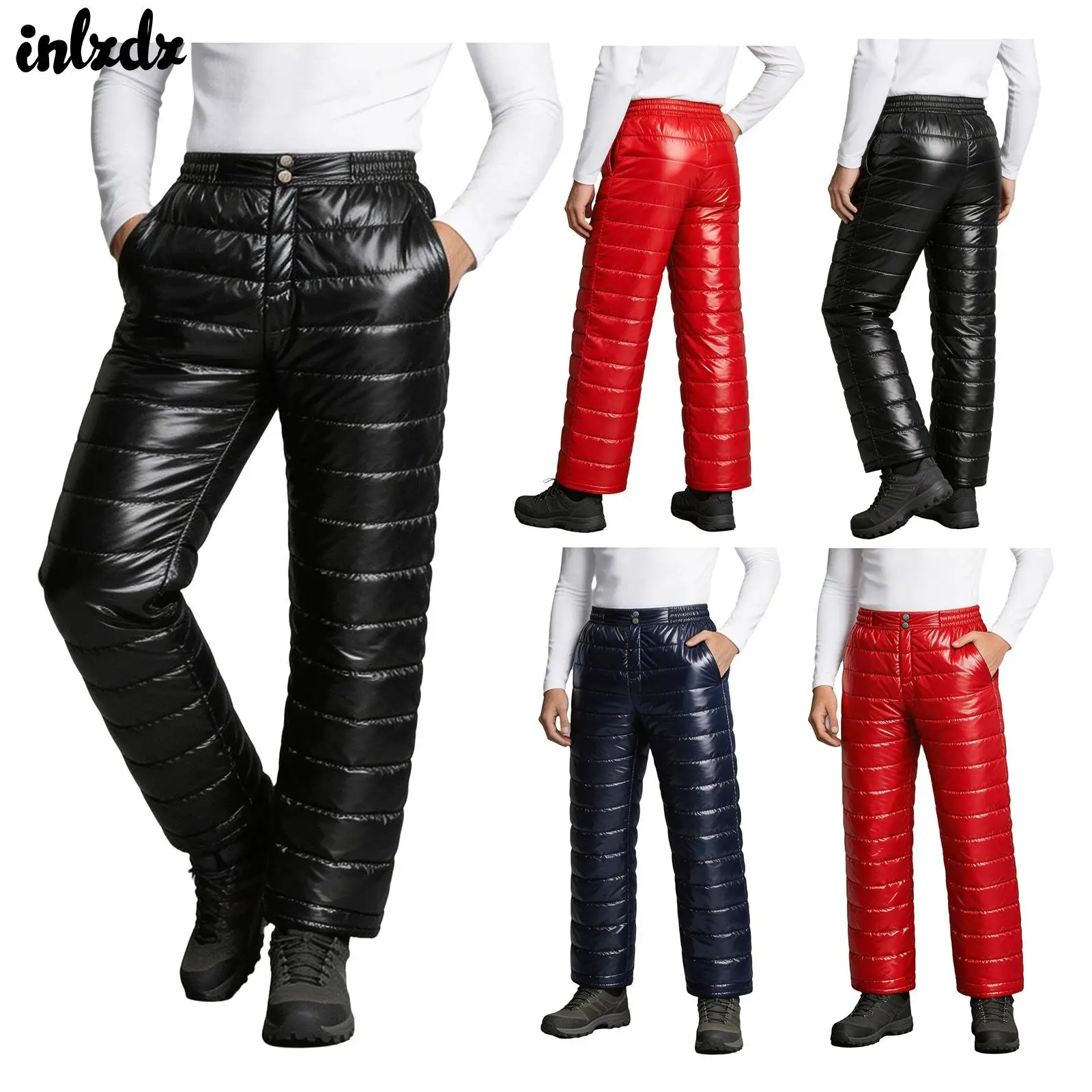 Men Shiny Quilted Puffer Padded Wide Leg Trousers High Elastic Waist Button Winter Thermal Windproof Outdoor Warm Snow Pants