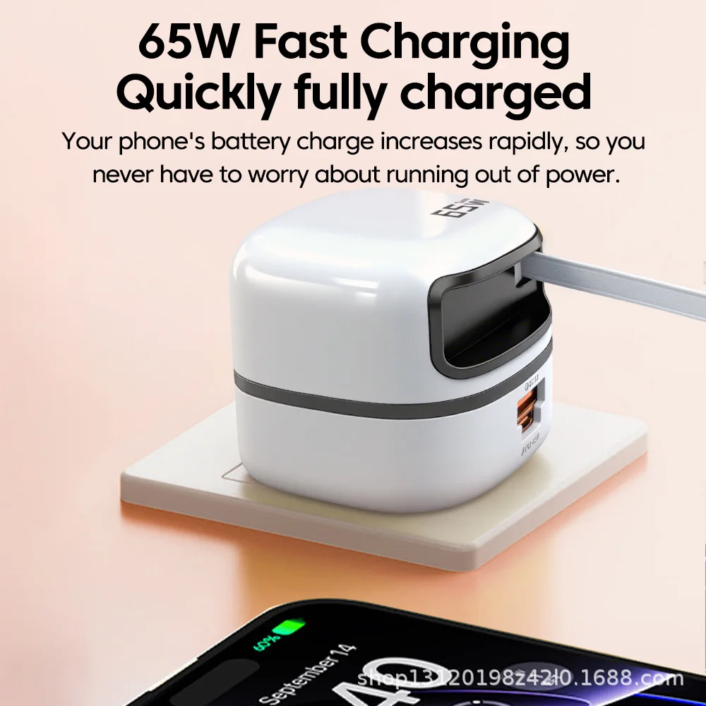 65W Fast Charger with Retractable Cable, Foldable Plug Portable Travel Charger, Compact Mini USB-C Wall Charger