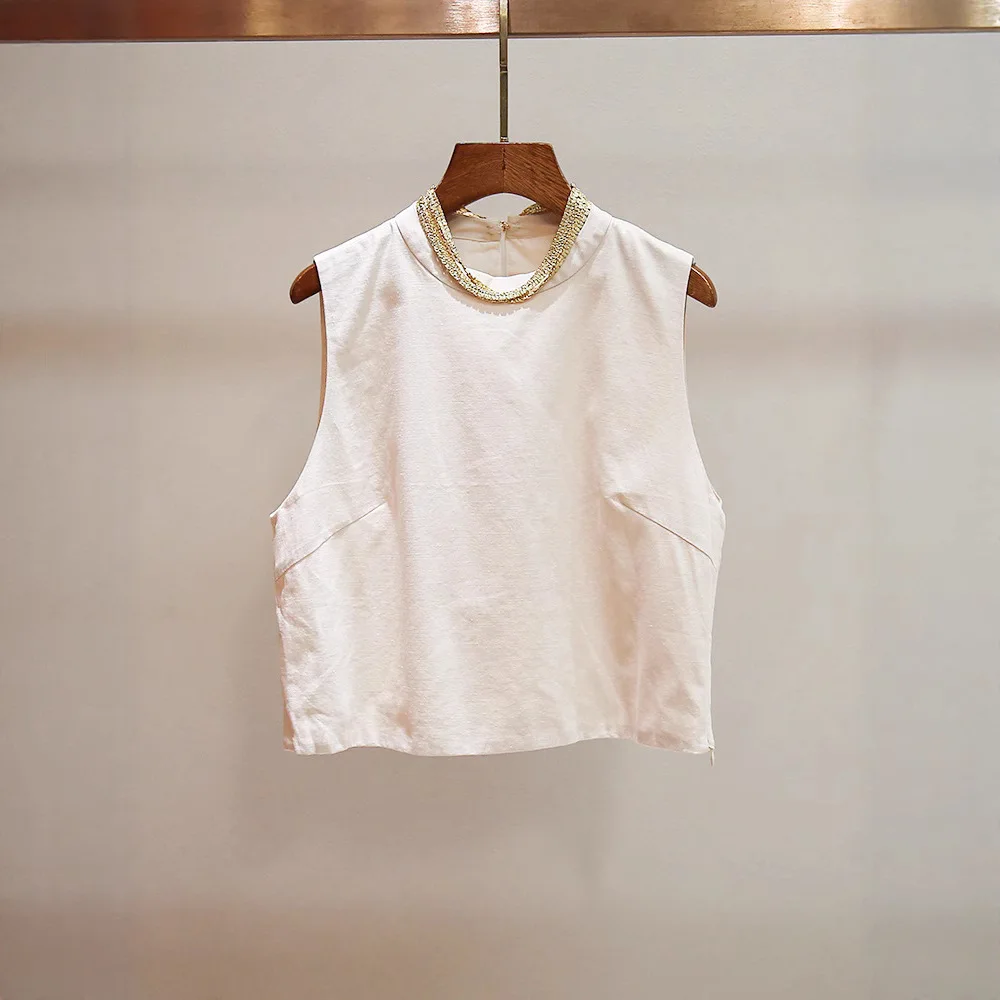 

Летняя новинка: Женская деловая повседневная рубашка-топ без рукавов свободного кроя с круглым вырезом и цепочкой на шее, однотонная, в нежном стиле