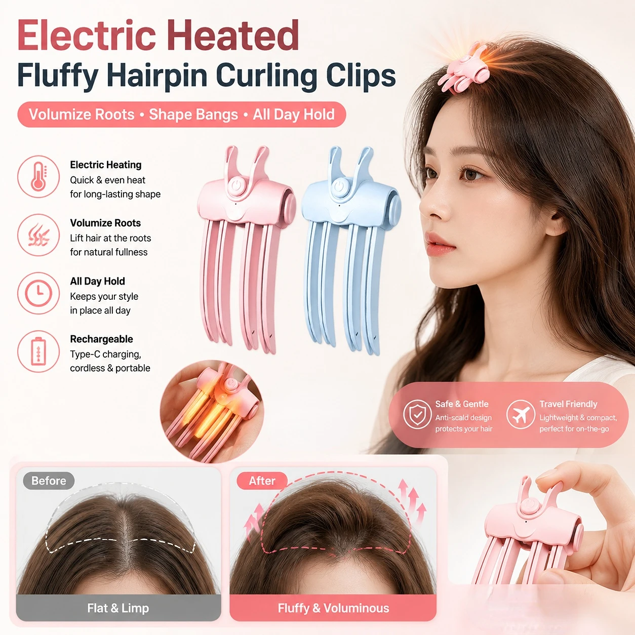 Fluffy Hairpin Curling Bangs Clips Electric Heated Rechargeable Hair Roots Volumizing Clip for Women Curling Fixed Shape Styling