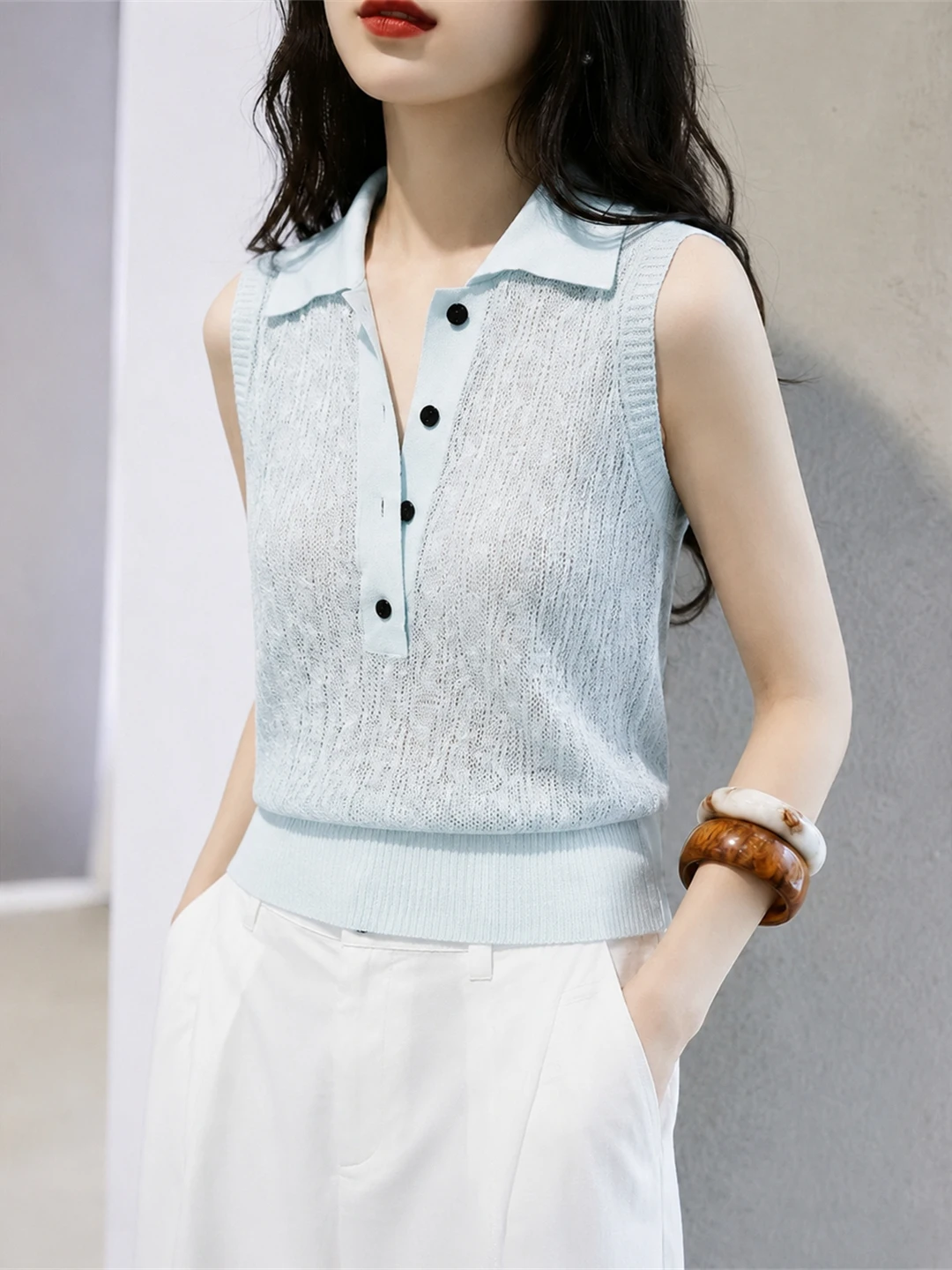 

Korean Style Knitted Ice Silk Half Open Neck Sleeveless Vest Summer Top for Women Commute Fashion Straight Cut