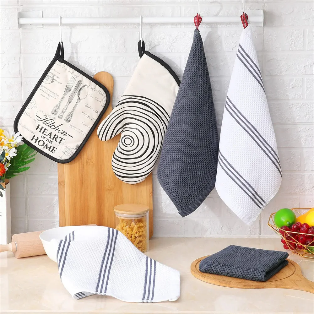 Olanly 4/6pcs Cotton Towel For Kitchen Waffle Weave Stripe Kitchen Towel Absorbent Dishcloth Soft Drying Home Cleaning Cloths