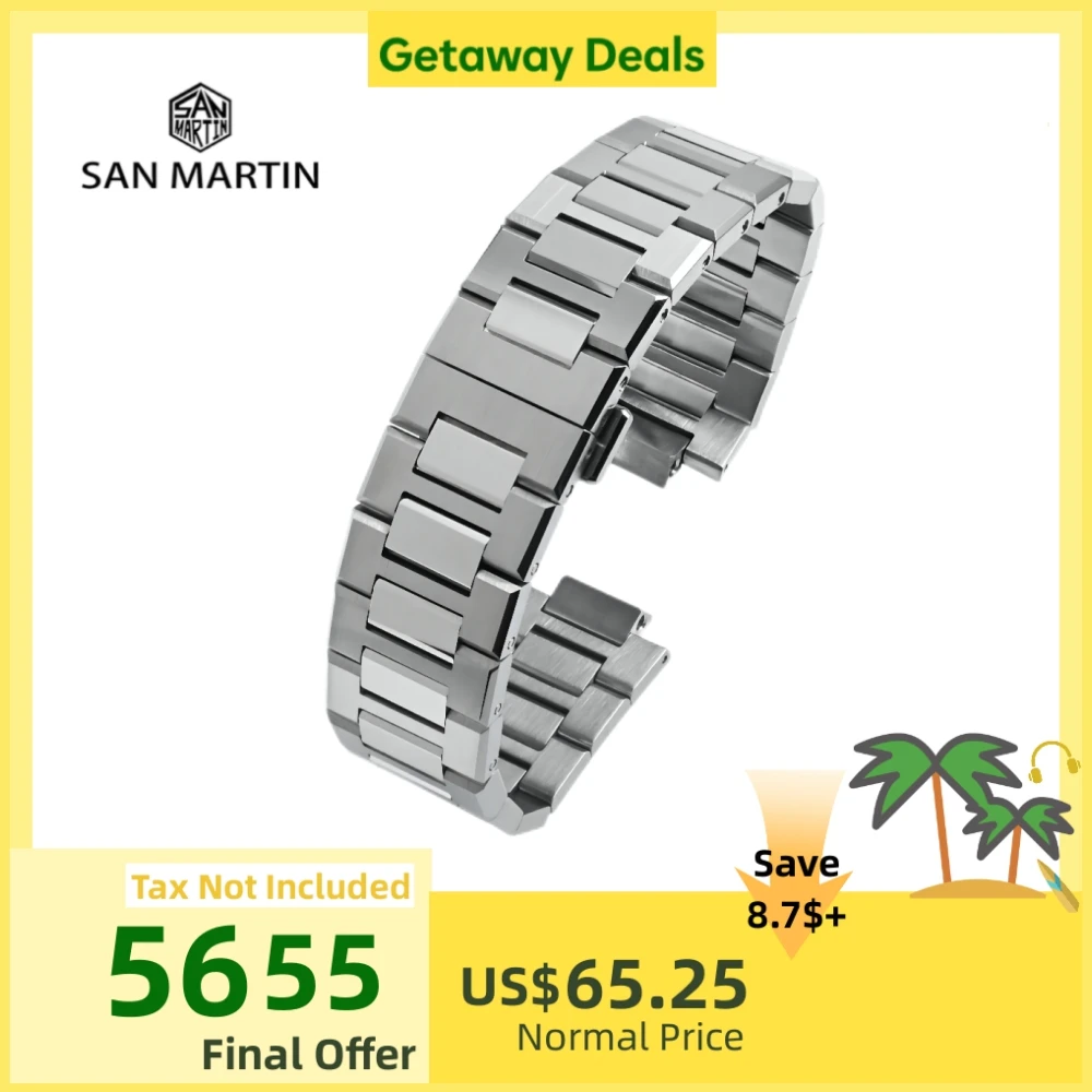 

San Martin Solid 3-Link 316L Stainless Steel Bracelet Screw Design Watchband 20mm With Butterfly Clasp Waterproof SN0026