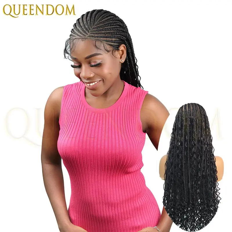 36 ''البوهيمي شعر مستعار دانتيل كامل للنساء السود الجانب جزء الاصطناعية مضفر آلهة صندوق جديلة فو Locs كورنو شعر مستعار
