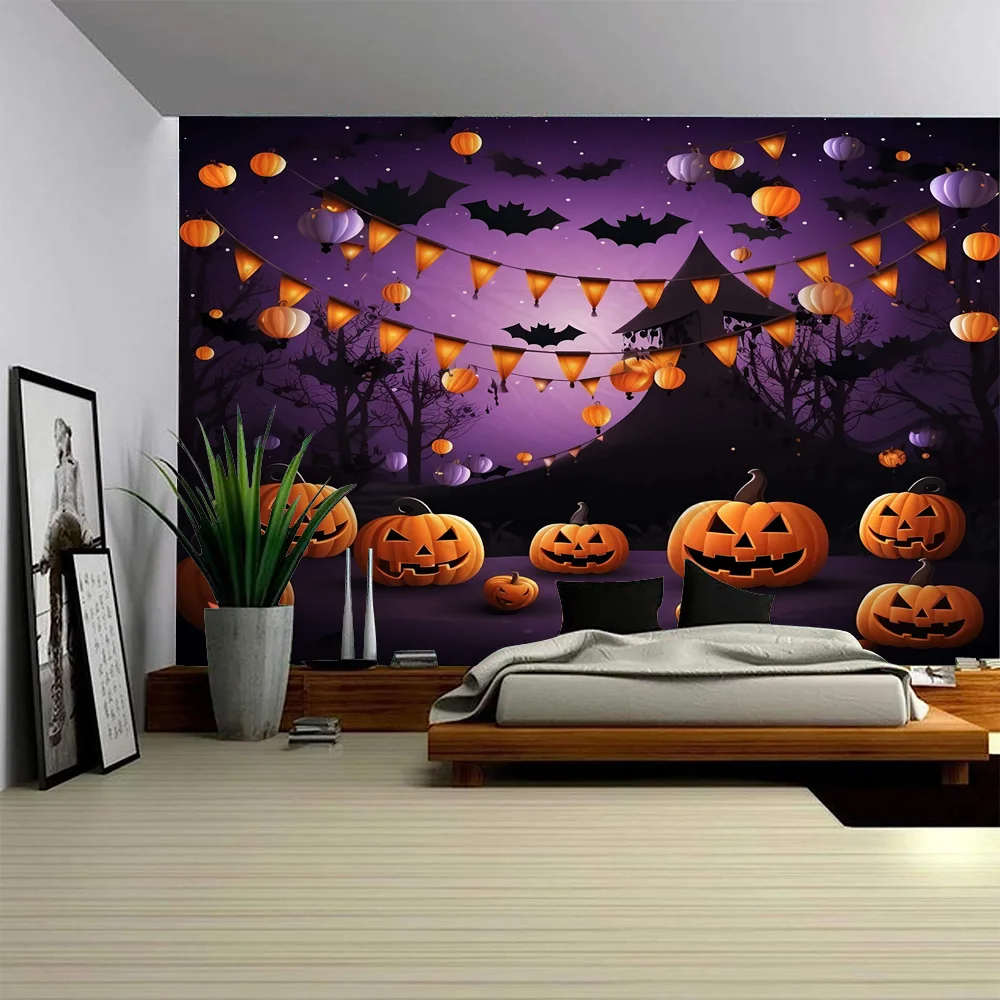 

Halloween tapestry skull flowers pumpkin lanterns wall mounted bedroom living room holiday background poster home art decoration