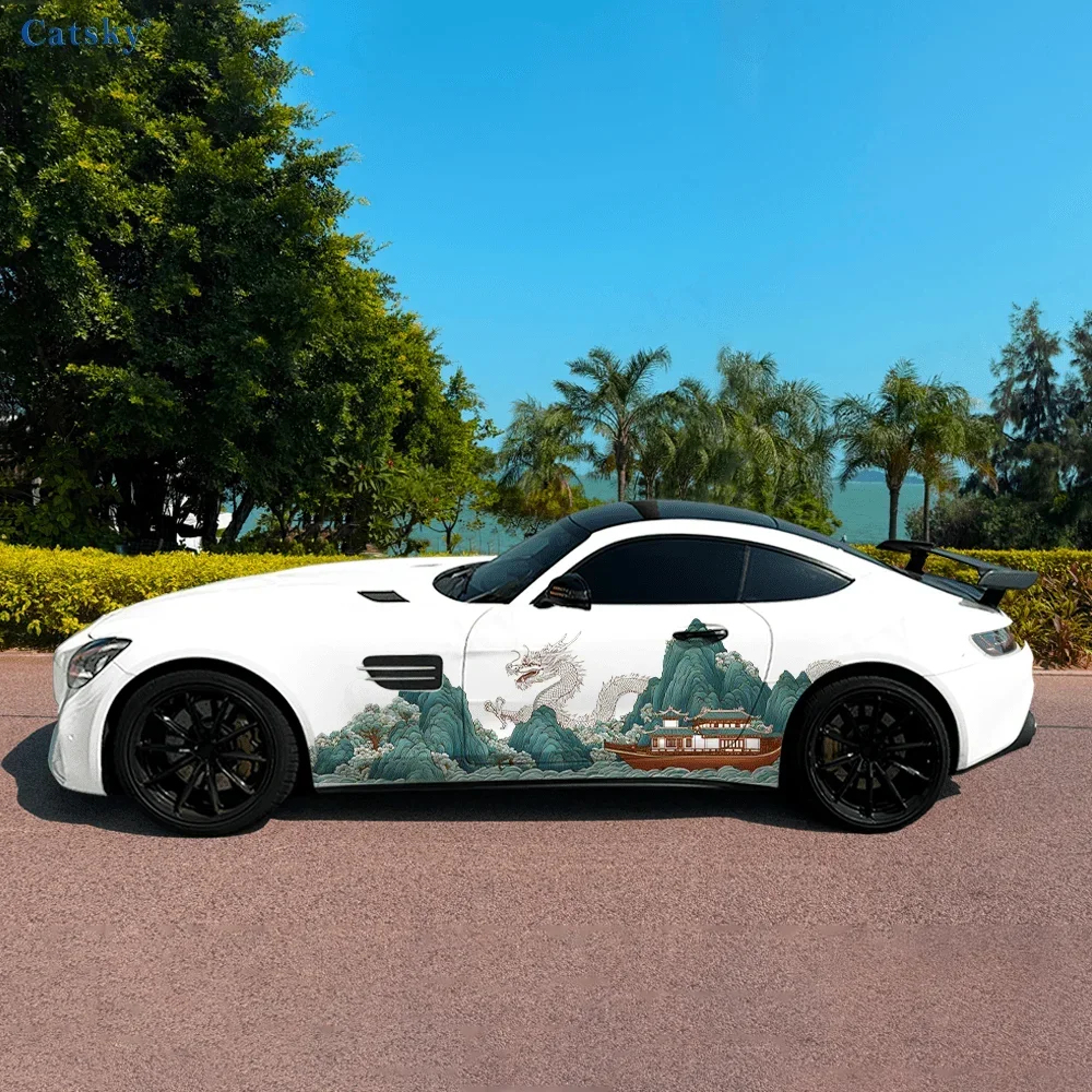 2pcs Mountain Peak Boat Dragon Car Vinyl Wraps Decal Self-adhesive PVC Sticker Suitable for Trucks SUV Decor Auto Accessories