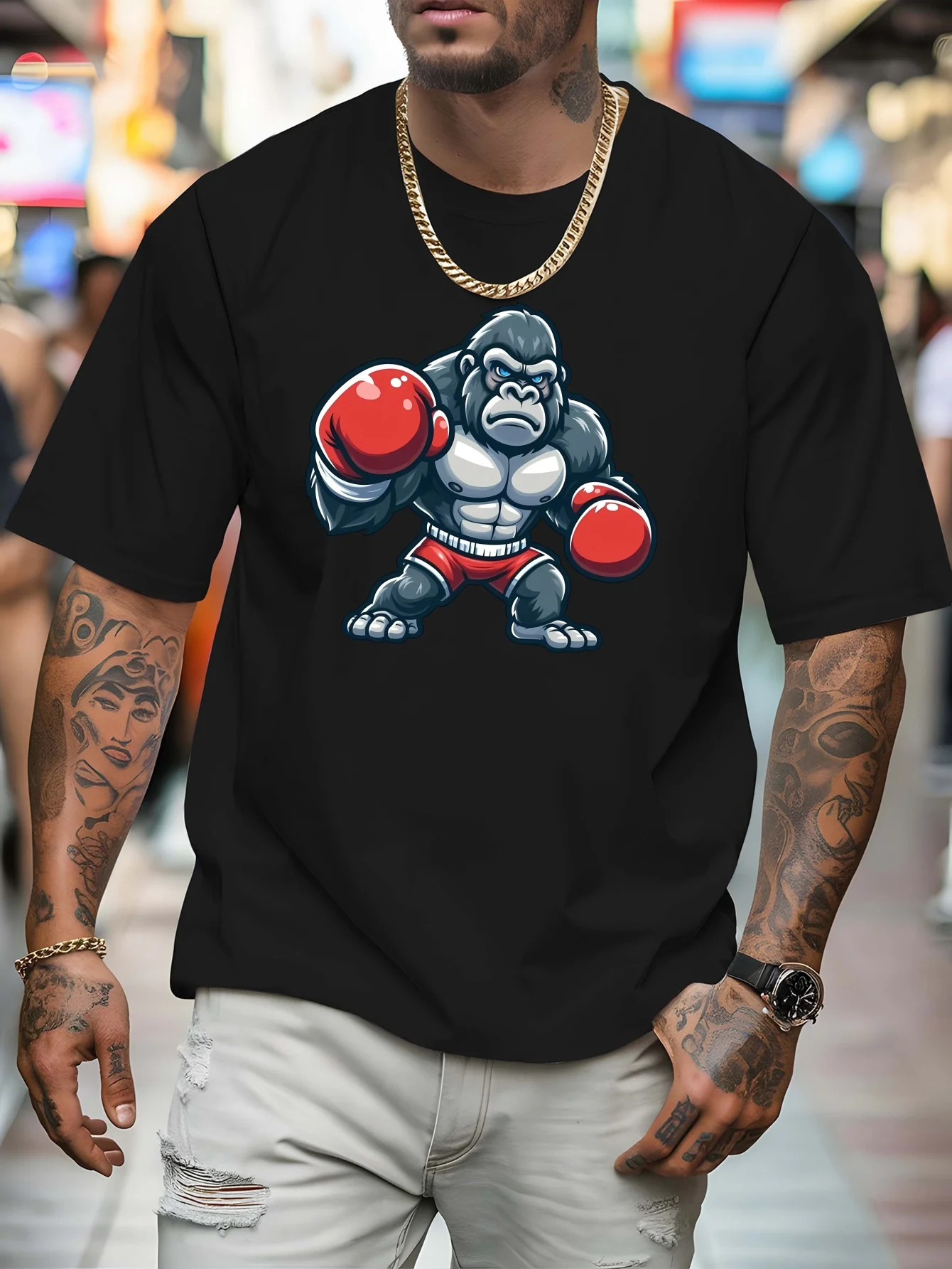 Boxer Gorilla Print Mens T Shirt Cartoon Animal Fighter Short Sleeve Crew Neck Cotton Tee Boxing Sports Casual Daily Top