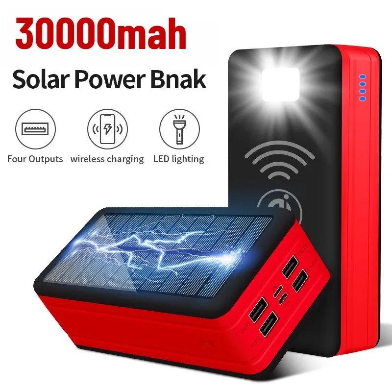 30000mAh بنك الطاقة الشمسية سعة كبيرة شحن سريع الطاقة المتنقلة مصباح ليد جيب التخييم في الهواء الطلق شاحن محمول لوحة طاقة شمسية