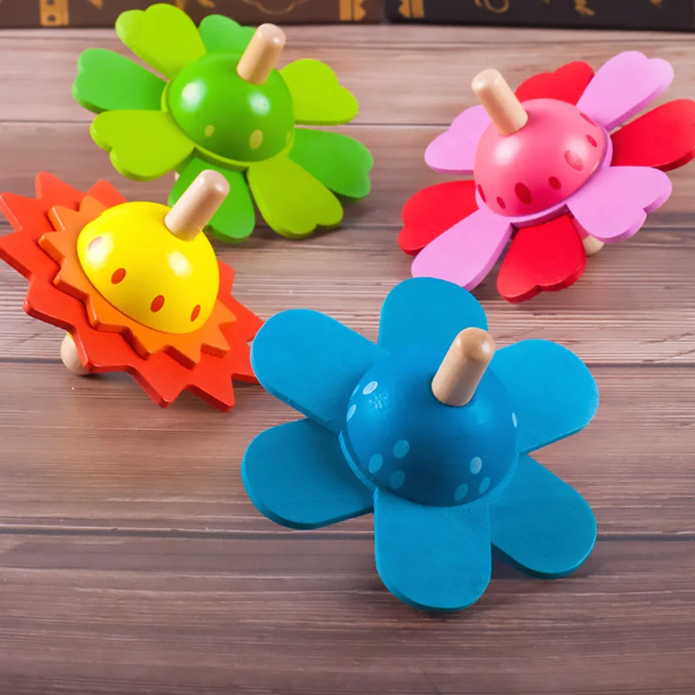 4 PCS Small Wooden Spinning Top Toy Child Lovely Interesting Funny Rotating Toys Manual Color Toddler