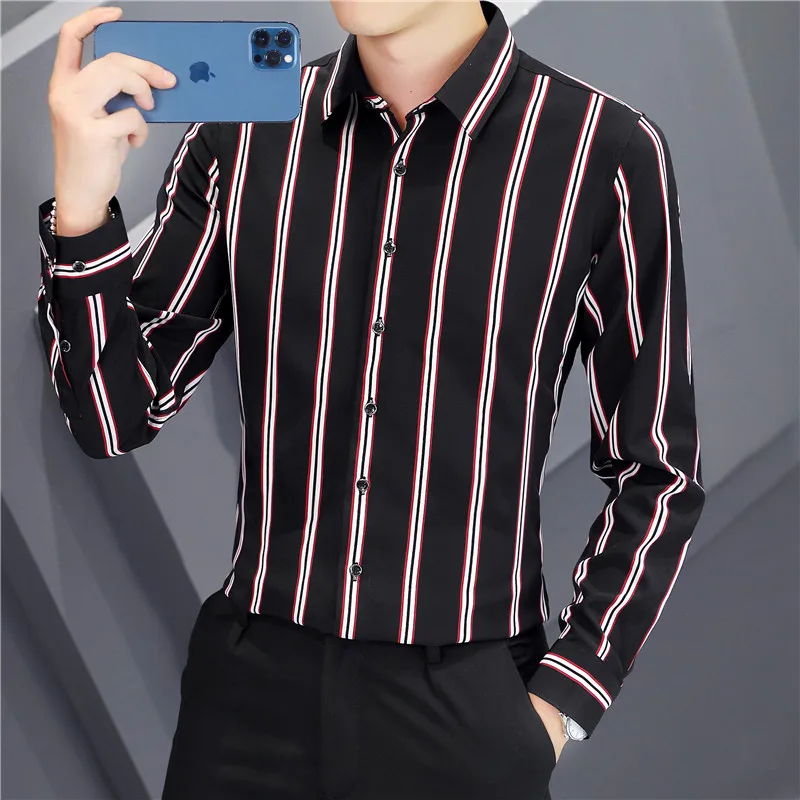 Camisa Polo masculina de manga comprida com listras verticais, Roupa étnica retro casual de negócio, tamanho asiático M-5XL, Outono, 2024