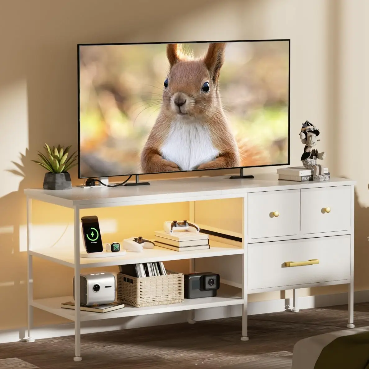 TV Stand LED & Power Outlet 43 Inch, Entertainment Center 3 Drawers & Shelves, Living Room & Bedroom Console, White, Customized