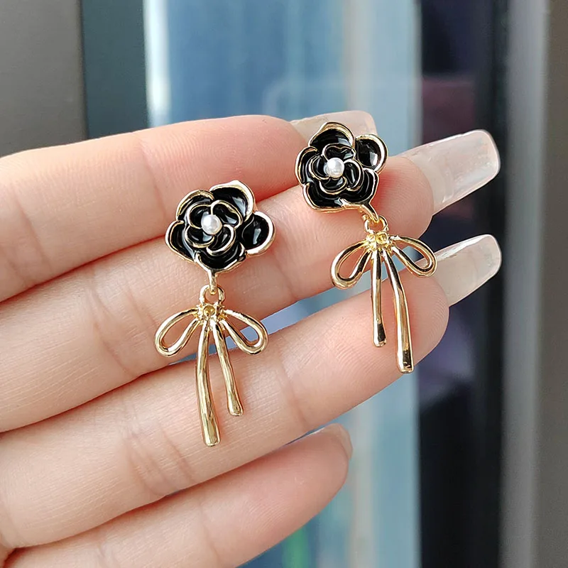 

Stylish black color flower long tassel pendant earrings for women designed creative personality earring