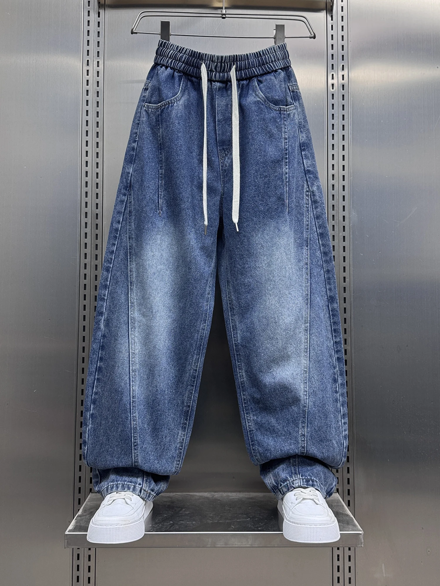 

American Sle Vintage Waed Men's Jeans Loose Straight Leg Casual Long Pants Dstring Waist Elastic Bend Knife Pants