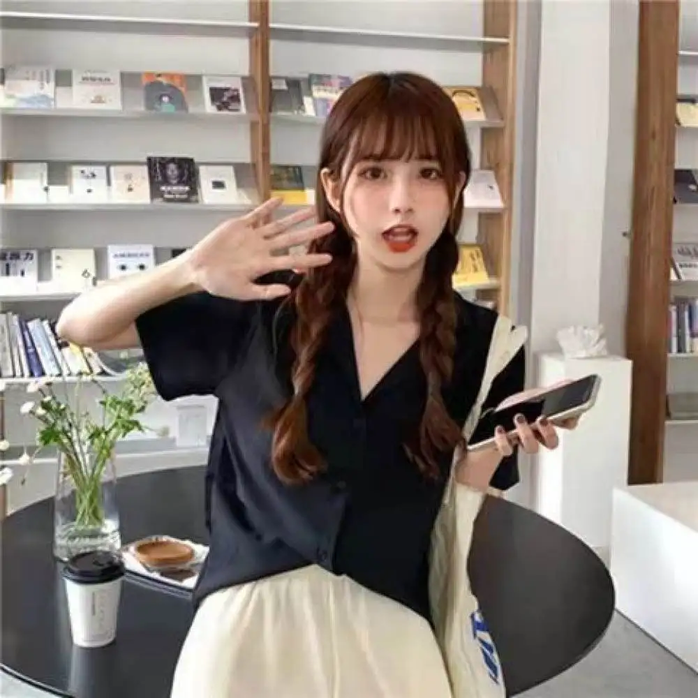 Elegant Korean Style Shirt Women Summer Short Sleeve Blouse Lapel Collar Casual Office Workwear Loose Fit Fashion Tops