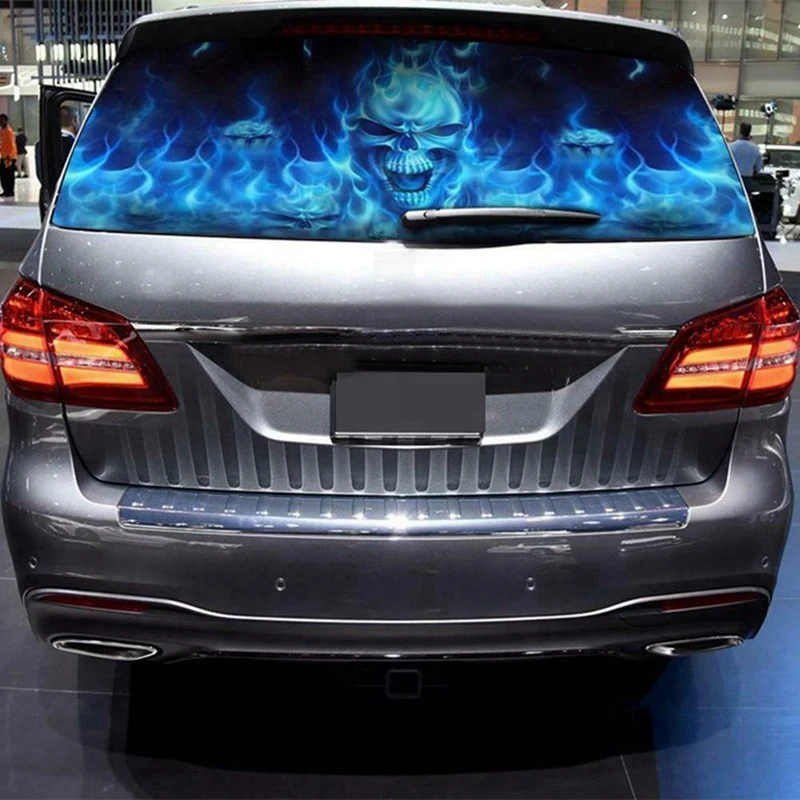 A60E-2X One Way Vision For Suv Pickup Blue Flaming Skull 3D Rear Windshield Decal Sticker Decor Rear Window Glass Poster