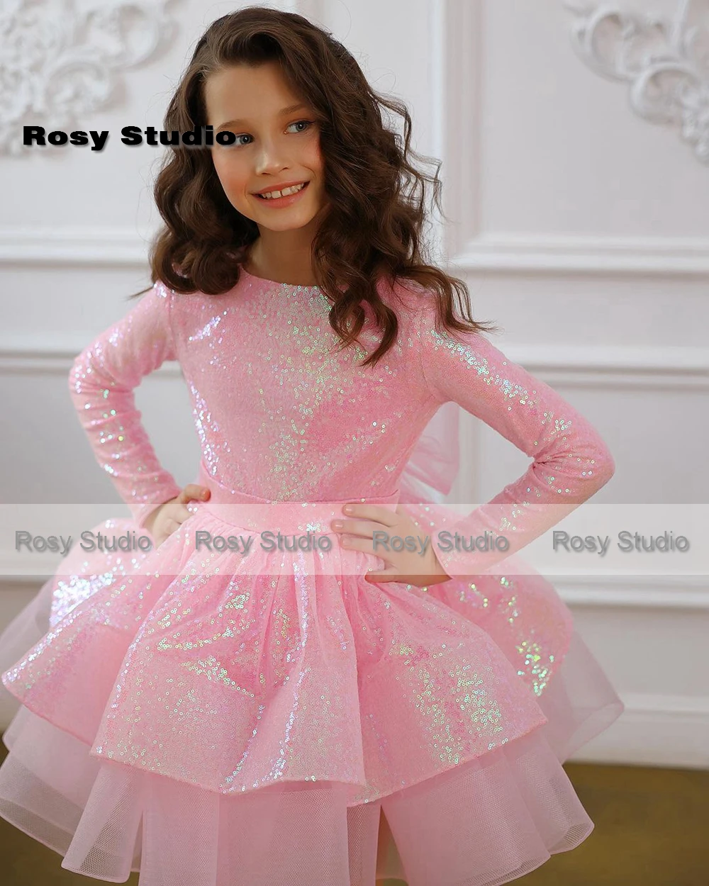 Cute Pink Sequin Girl's Party Dresses A-line Long Sleeves Kids Evening Prom Gown Puffy Mini Children Pageant Dress