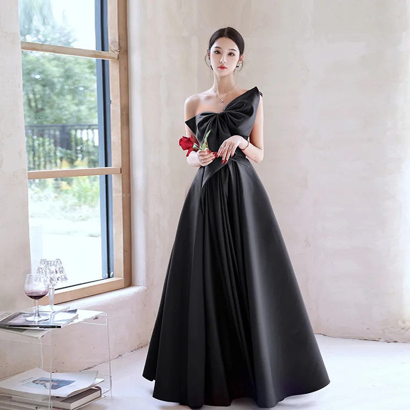 

Elegant Black Evening Dress Women's Bow Bra Floor-length Female Gowns 2023 New Summer Fashion Satin Solid Dresses