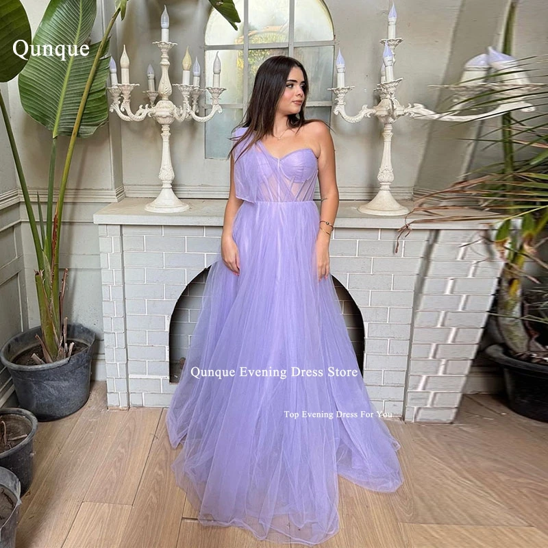 

Qunque Lilac Tulle A Line Long Formal Prom Dresses for Women One Shoulder With Bow Customized Gala Party Gowns Evening Dress