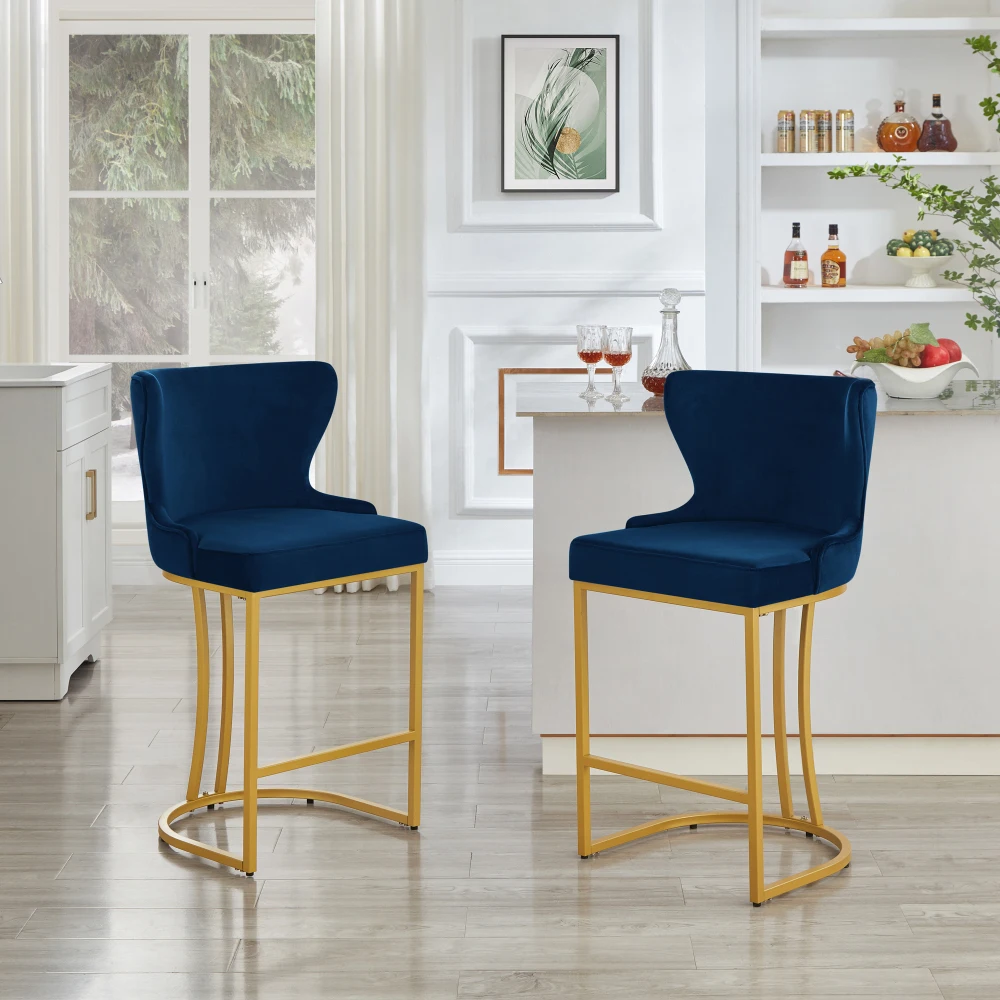 

Modern Fashion Counter Height Stool With Shell Shape Back And Sturdy Iron Legs, Set of 2 Stylish Bar Chairs, Navy/Gold