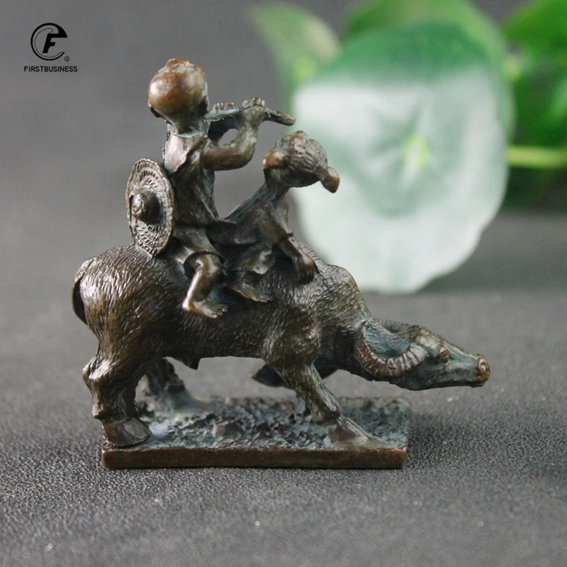 Antique Copper Little Children flute Riding Bull Small Statue Home Decorations Crafts Vintage Animal Figurines Desktop Ornaments