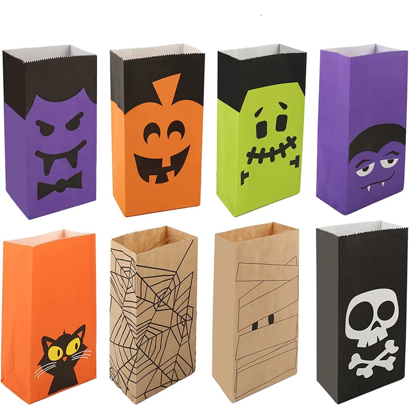 8/16/24PCS Halloween Paper Gift Bags Pumpkin Ghost Cat Mummy Skull Bat Spiderweb Party Trick or Treat Event Package Giveaway ZYF