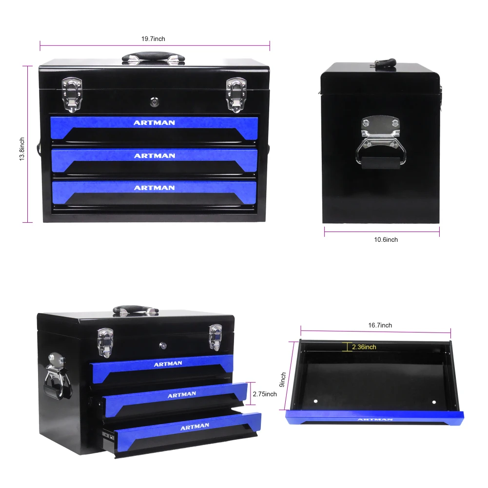 3-Drawers Tool Box With Tools Set Metal Toolbox With Ball-Bearing Drawer Slides Tool Chest Organizer For Trunk Workshop Repair