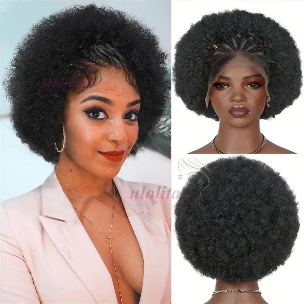 

210% Density Afro Kinky Curly Human Hair Wigs with Braids 8 inch 13x4 HD Transparent Lace Short Bouncy Curly Bob Wig for Women