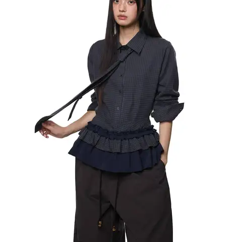 Two Piece Plaid Set Women - Vintage Tie Neck Blouse with Pleated Ruffle Hem, Y2K Retro Matching Outfit, Fall Office Wear Ensembl