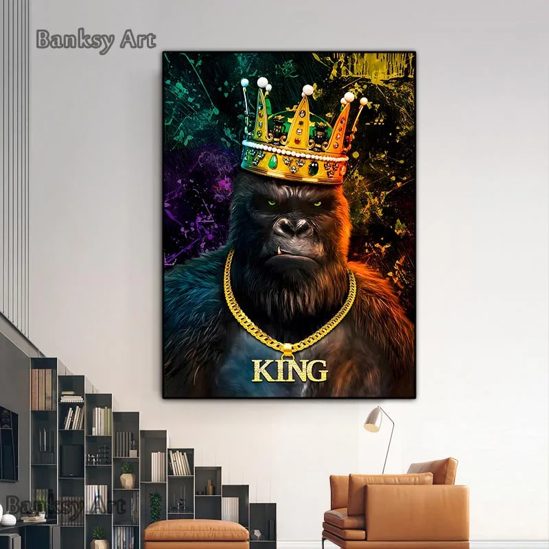 Gorilla With Crown Poster And Print Graffiti King Kong Canvas Painting Orangutan Animal Wall Art Home Decor Murals Frameless