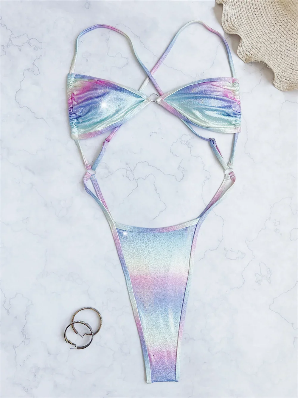 Shiny Gradient Bikini Extreme String Monokini Backless Bandage Trikini High Leg Cut Swimsuit Y2K Swimwears Women Micro Beach Set