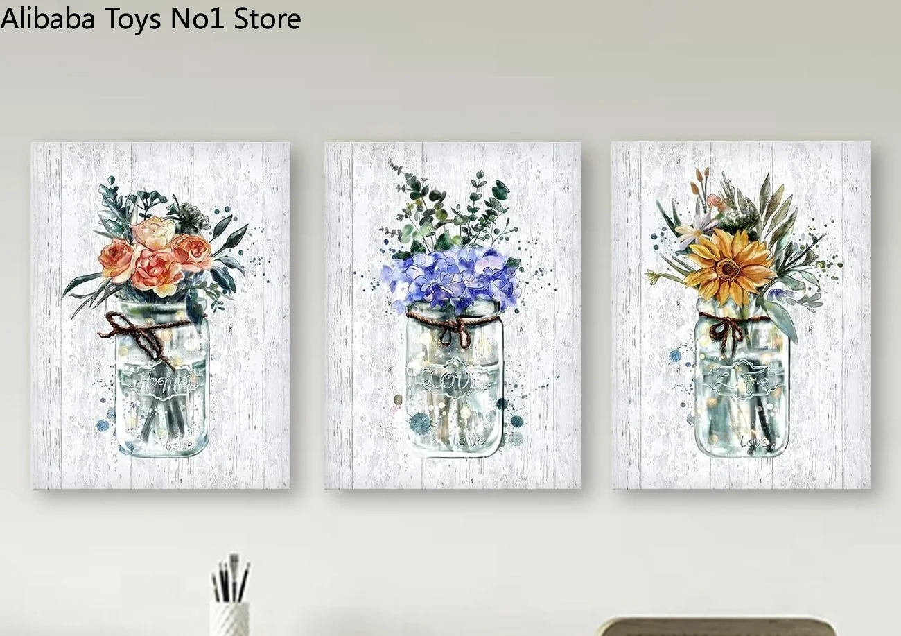 3PCS Frameless Mason Jar Flower Canvas Wall Art Watercolor Floral Rustic Painting for Living Room Decor