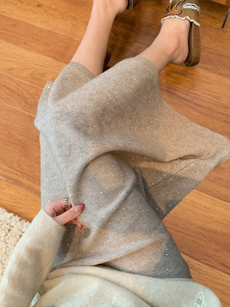 

Женская трикотажная юбка миди с пайетками, с завышенной талией, весна-осень, повседневная, свободного кроя, универсальная, А-силуэт, стройнящая