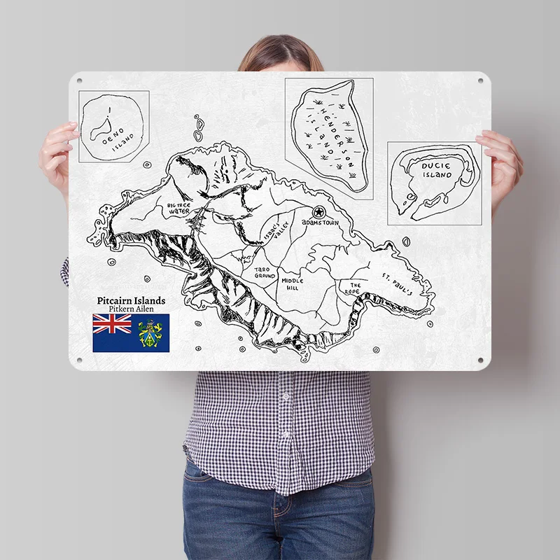 Handdrawn Map of Pitcairn Islands Personalized 3D Textured Metal Poster Wall Art Tinplate Sign for Bathroom Decor Room Wand Deko