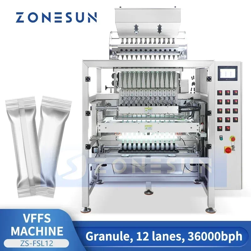 ZONESUN ZS-FSL12 Confezionatrice automatica per granuli VFFS Forma verticale Riempimento Sigillo Bagger Stick Bustina Sacchetto Attrezzatura 12 corsie