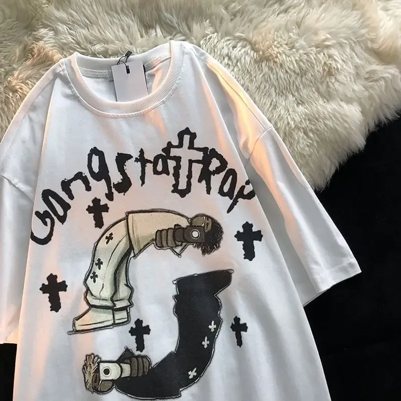 الهيب هوب الكرتون قصيرة الأكمام المتضخم تي شيرت الرجال النساء المعتاد الصيف الاتجاه زوجين أعلى Y2k الجمالية القوطية الشرير الملابس