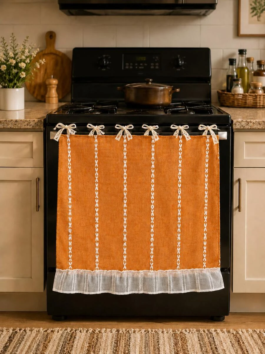 Bohemian Style Halloween Oven Door Curtain, Orange Tie-On Stove Cover With Lace Ruffle Trim, 100% Polyester Autumn Kitchen Decor