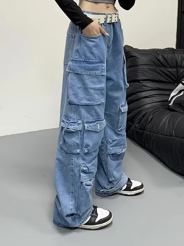 Damen Baggy Wide Leg Jeans Multi-Pocket Design Cargo hose Mode Herbst Harajuku Y2k Streetwear gewaschen Blue Jeans