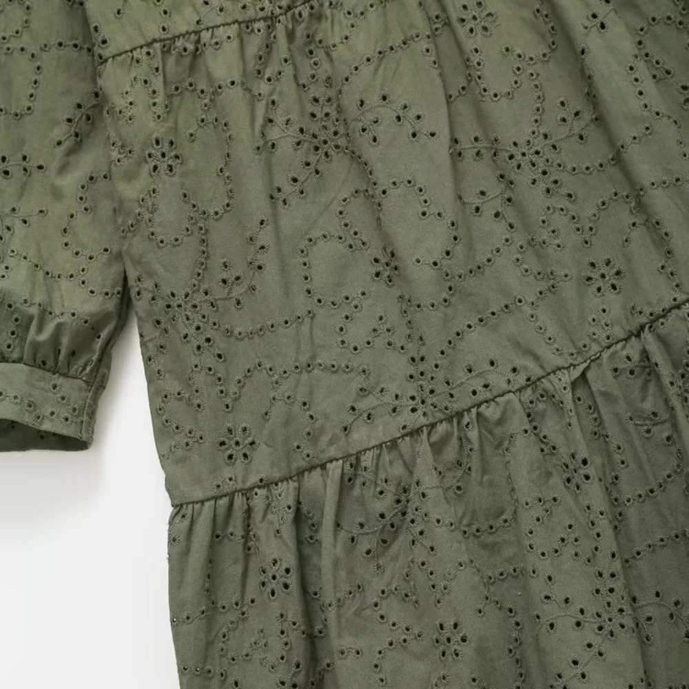 Vestido curto de manga comprida com decote em v feminino, mini vestidos emendados em camadas, bordado oco, verão, novo, 2024