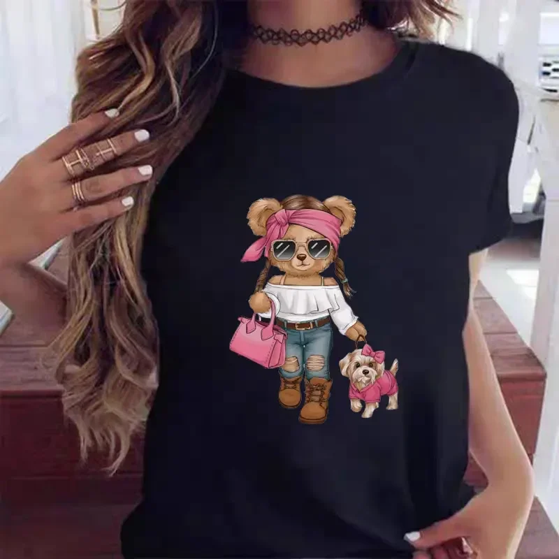 2025 Summer New T Shirt Women Fashion Bear Print Short Sleeve Tops Casual Pullover Street Y2k Fashion Tshirt Female Tees Top