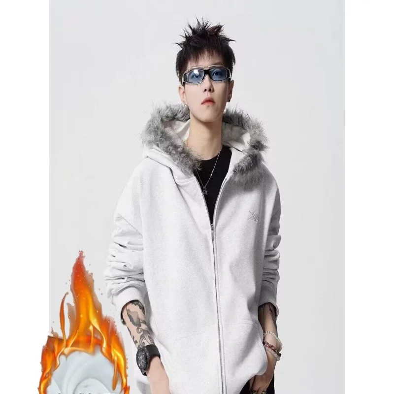 

2025 autumn and winter vintage fur collar embroidered velvet hooded cardigan sweatshirt men's and women's trendy brand top coat