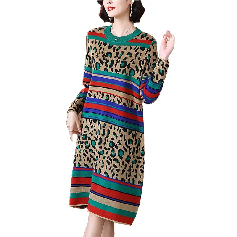 Imagem -04 - Leopardo Feminino Malha Vestido Listrado Solto até o Joelho Vestidos de lã Novo Elegante Outono Inverno