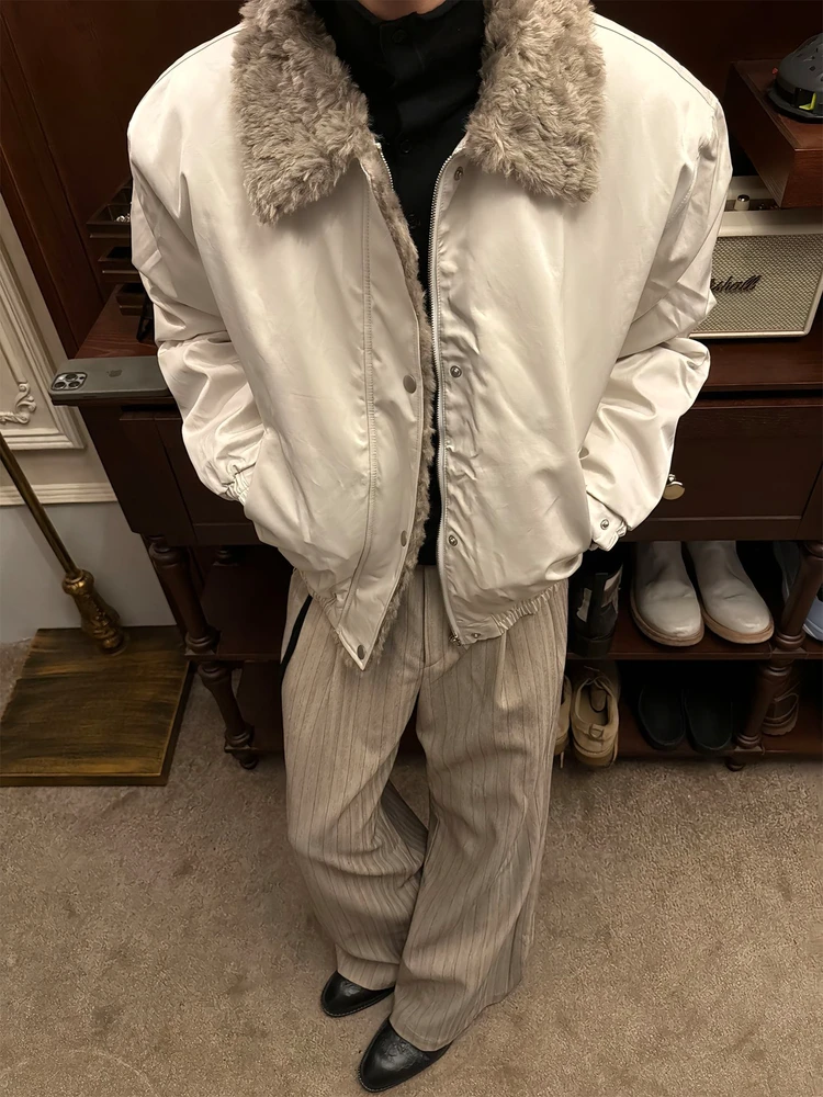 

American Sle Warm Fluffy Collar Bomber Jaet Men's Winter Loose Casual Thiened Warm Cotton Coat Polyester Fiber Fill