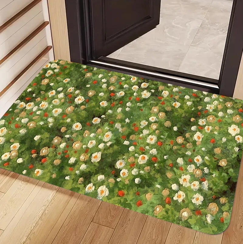 Impressionist Floral Meadow Doormat Carpet Rug Daisy Wildflower Rabbit Pattern Non Slip Decorative Floor Mat for Home Entryway