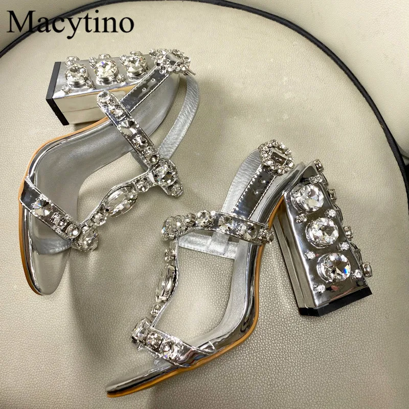 Rhinestone T-strap Design Ladies High Heel Sandals Round Toe Chunky High Heel Sandals Fashion Party High Heel Sandals