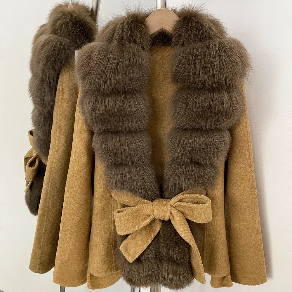 OFTBUY Damenmantel aus 100 % Wolle, neuer, warmer Wollmantel für den Winter, mit echtem Fuchspelzkragen, Revers und Gürtel, Wolljacke für Damen. – Detail 18