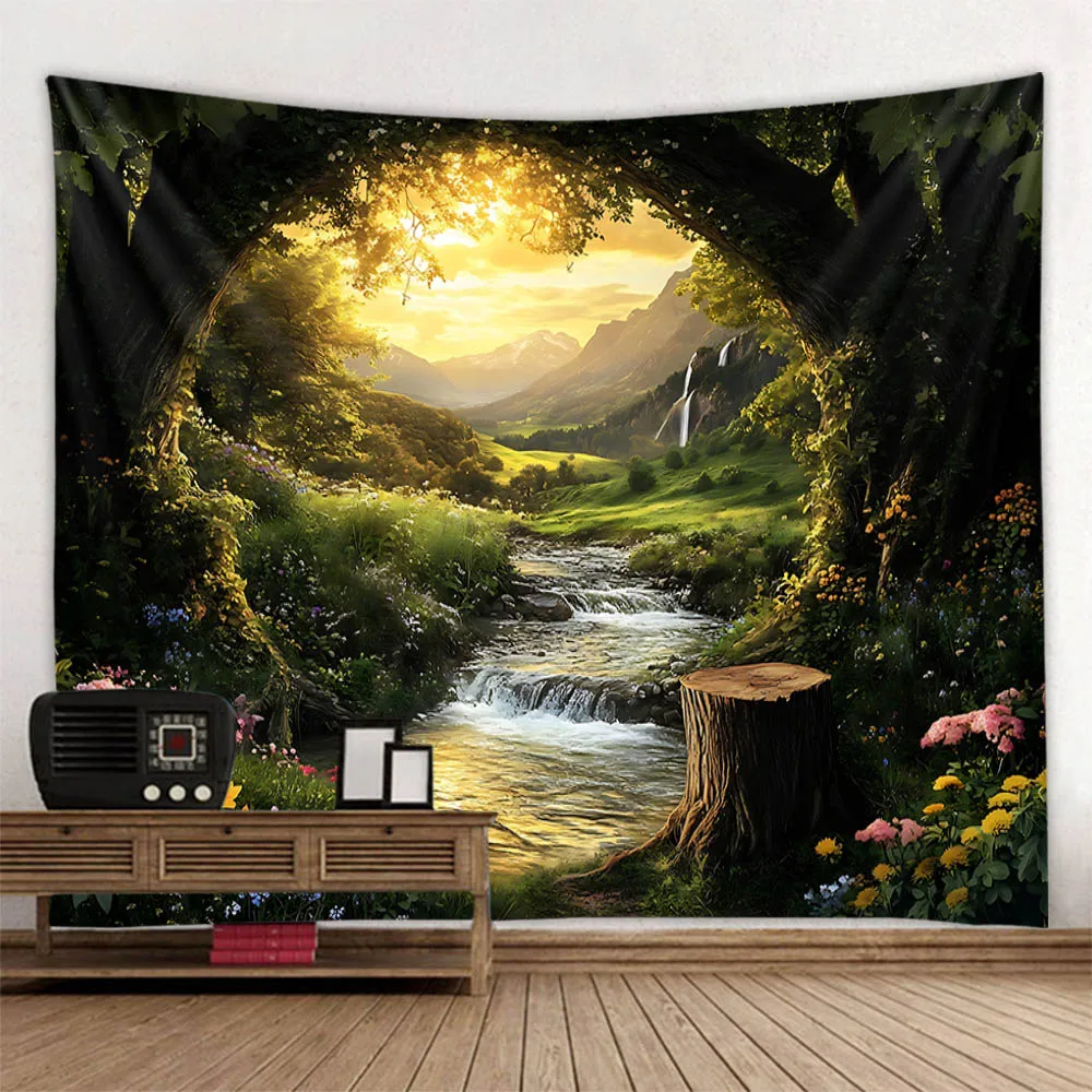 

Natural forest waterfall tapestry, jungle wall hanging, bohemian, home art decoration, living room bedroom, background poster