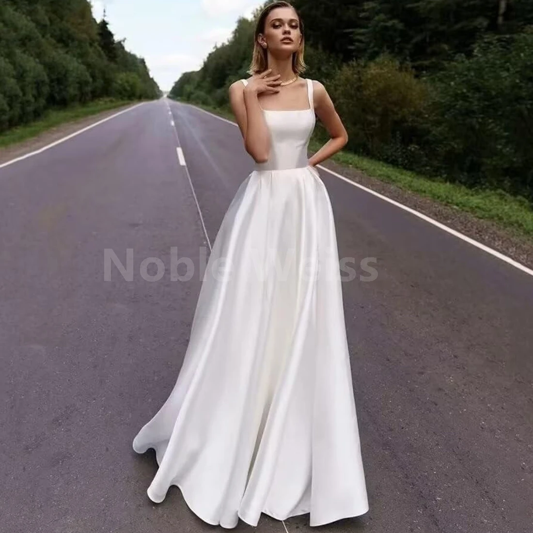 

A-Line Sweep Train Simple Wedding Dress High Quality Satin Brides Gown Customized
