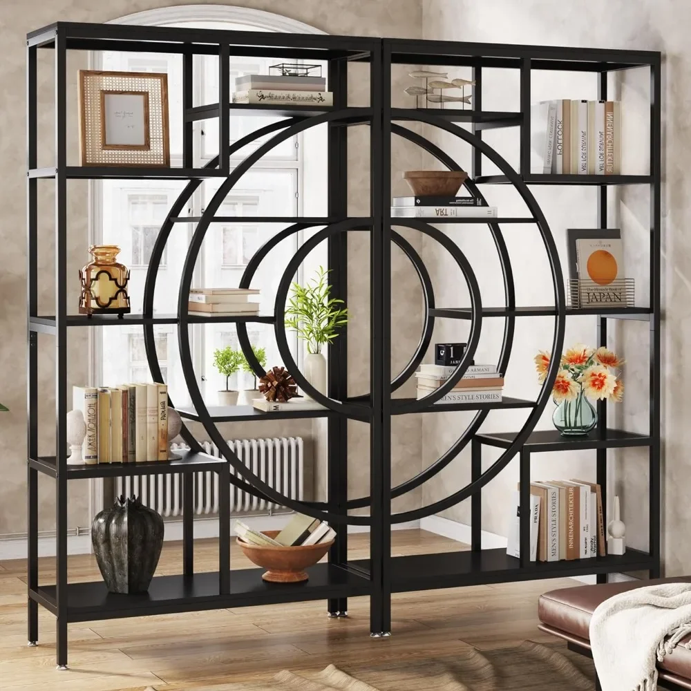 71 inches Bookcase Set, Industrial 8-Tiers Bookshelves with Circle Metal Frame,Tall Freestanding Open Storage Shelving book rack