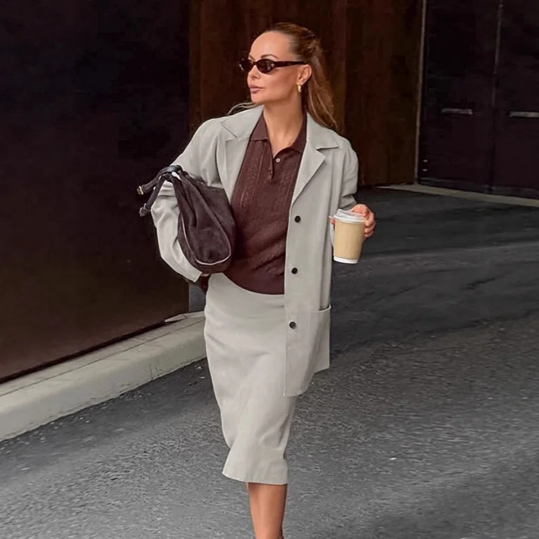 

Осенняя женская замшевая куртка из двух предметов с воротником с лацканами, однобортная куртка с карманами для женщин, прямая женская юбка с высокой талией